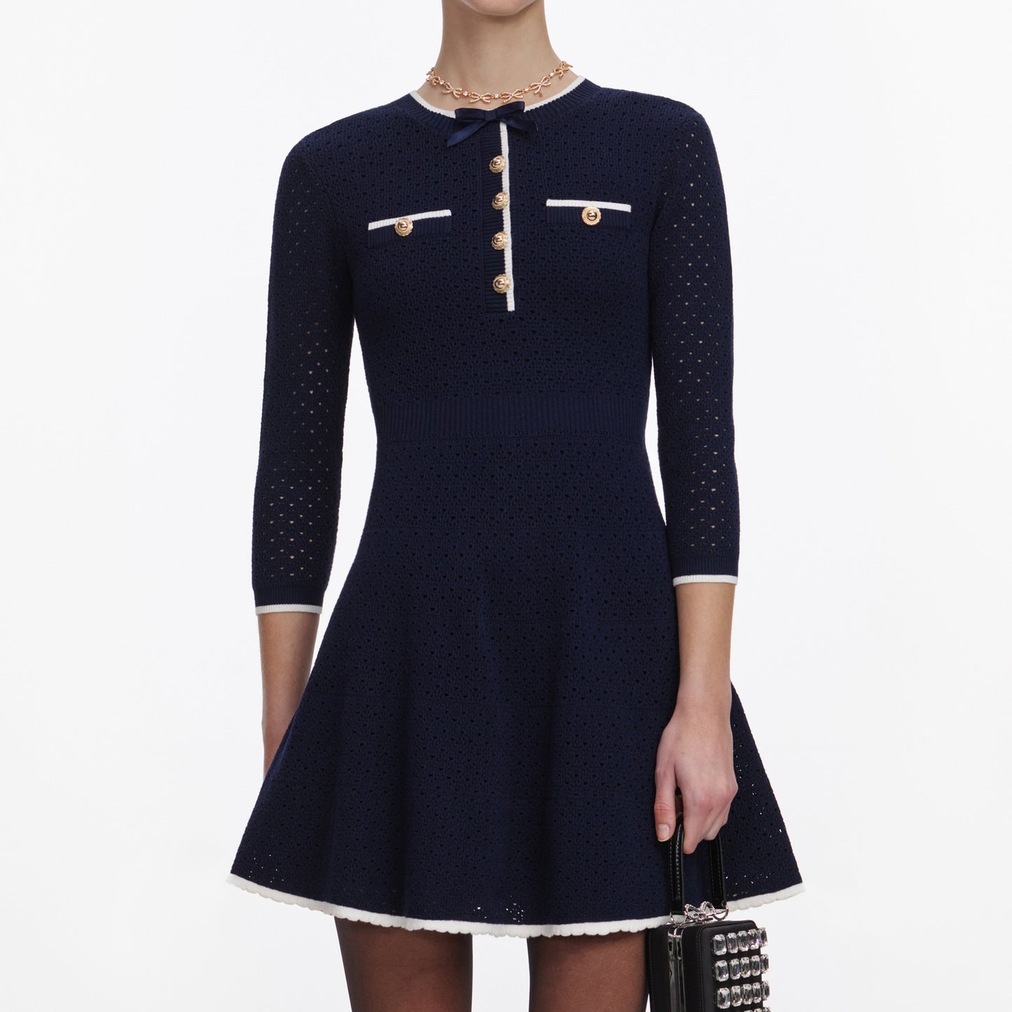Load image into Gallery viewer, Navy Bow Knit Mini Dress

