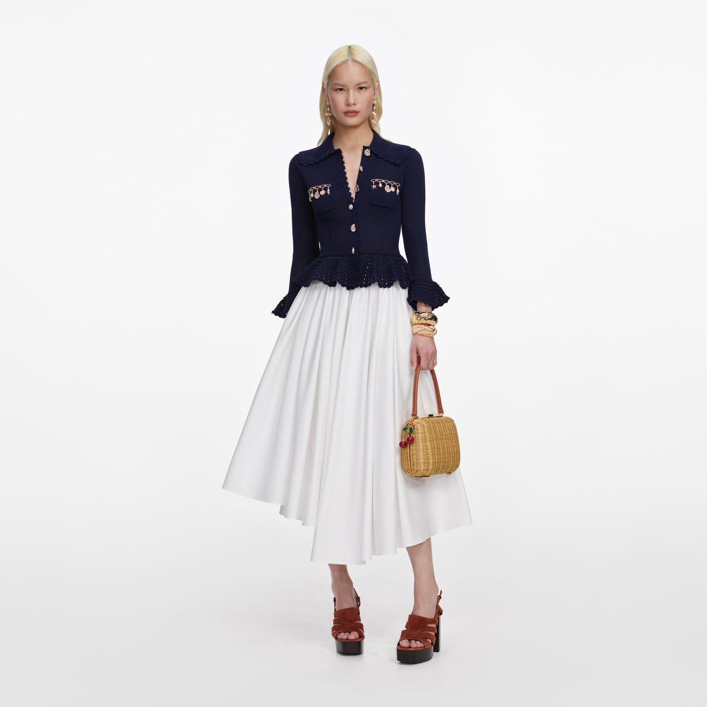 Load image into Gallery viewer, Navy Shell Embellished Cardigan
