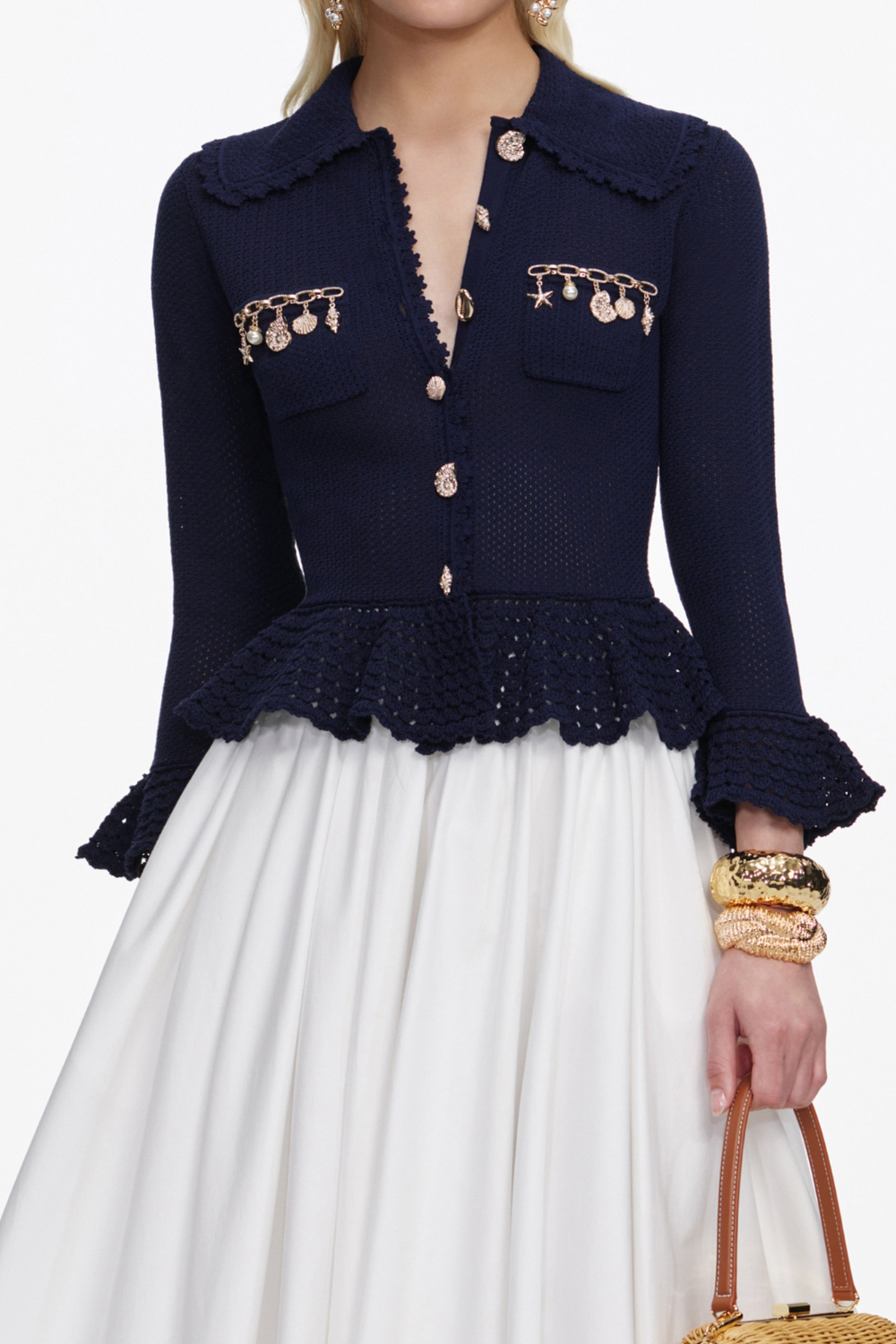 Load image into Gallery viewer, Navy Shell Embellished Cardigan
