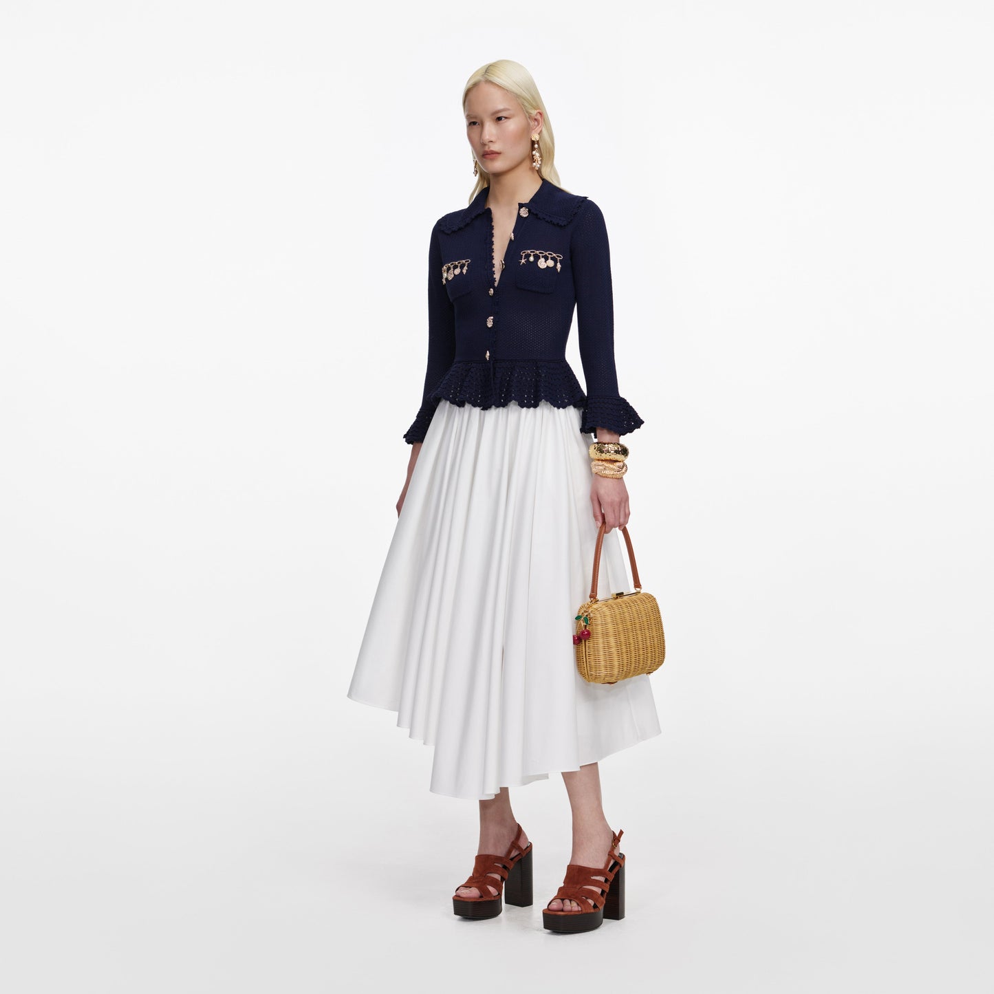 Load image into Gallery viewer, Navy Shell Embellished Cardigan
