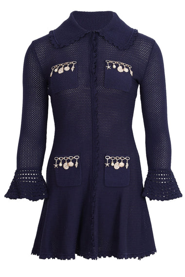 Navy Shell Embellished Knit Mini Dress