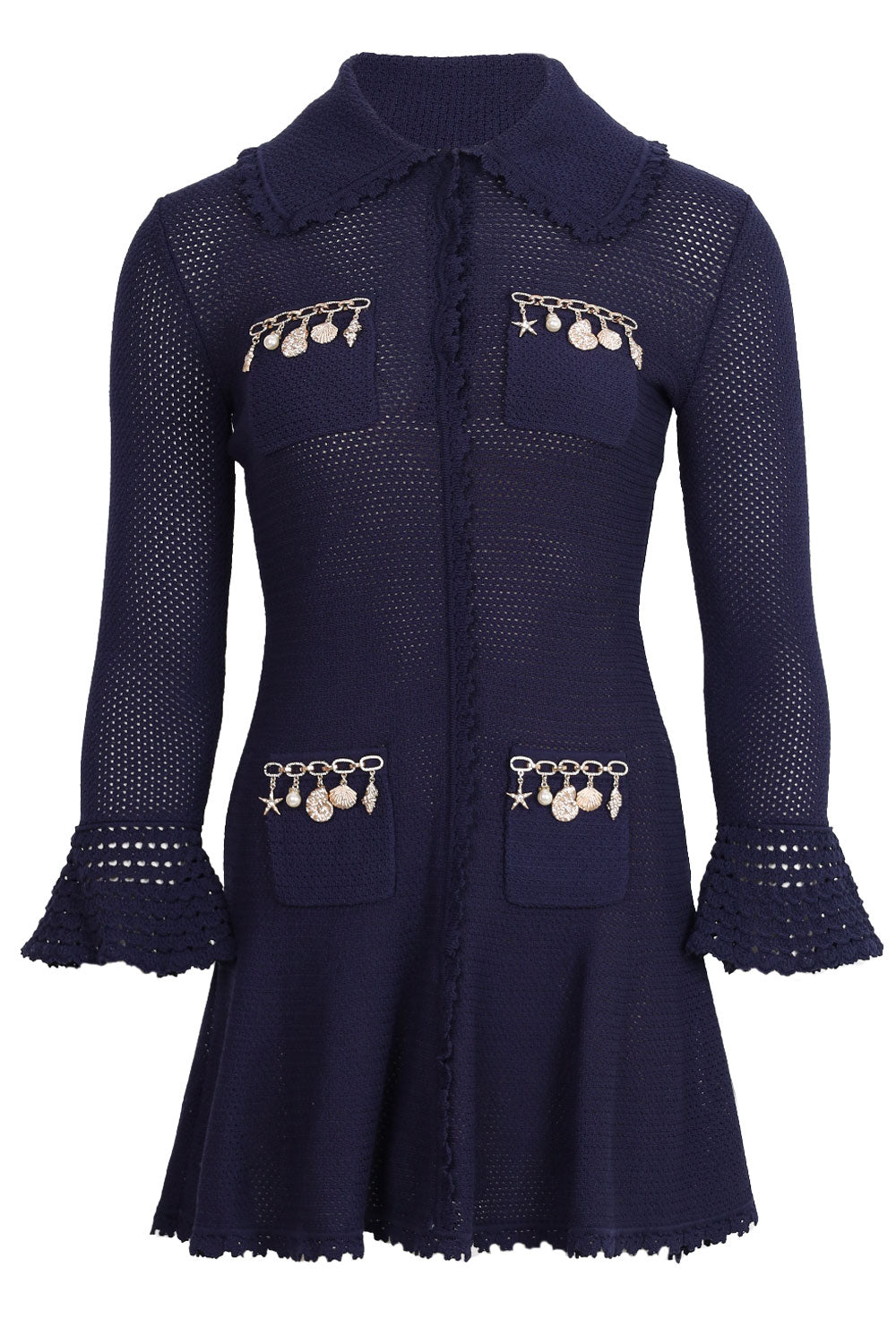 Load image into Gallery viewer, Navy Shell Embellished Knit Mini Dress

