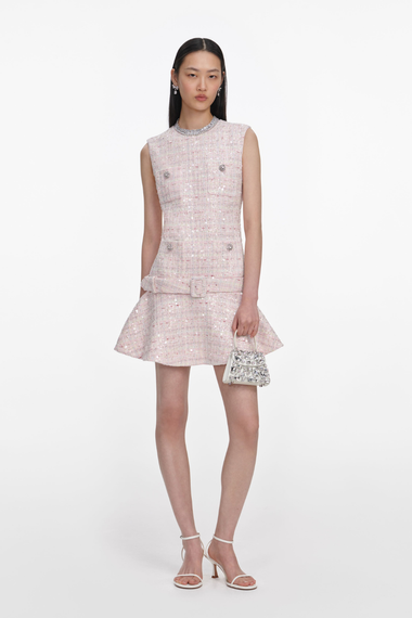 Pink Sequin Boucle Belted Mini Dress