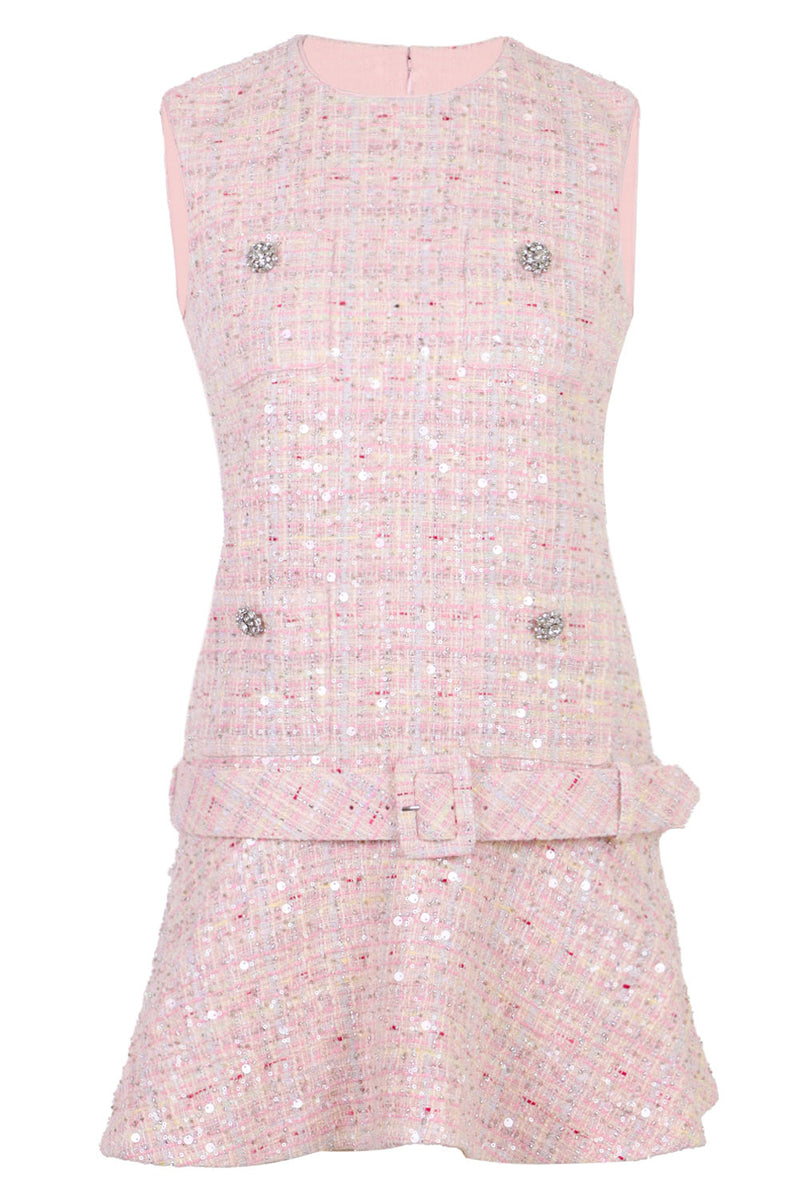 Pink Sequin Boucle Belted Mini Dress