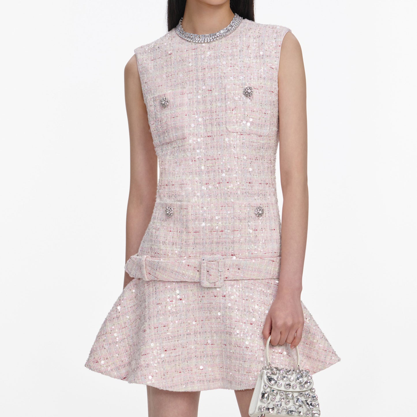 Load image into Gallery viewer, Pink Sequin Boucle Belted Mini Dress
