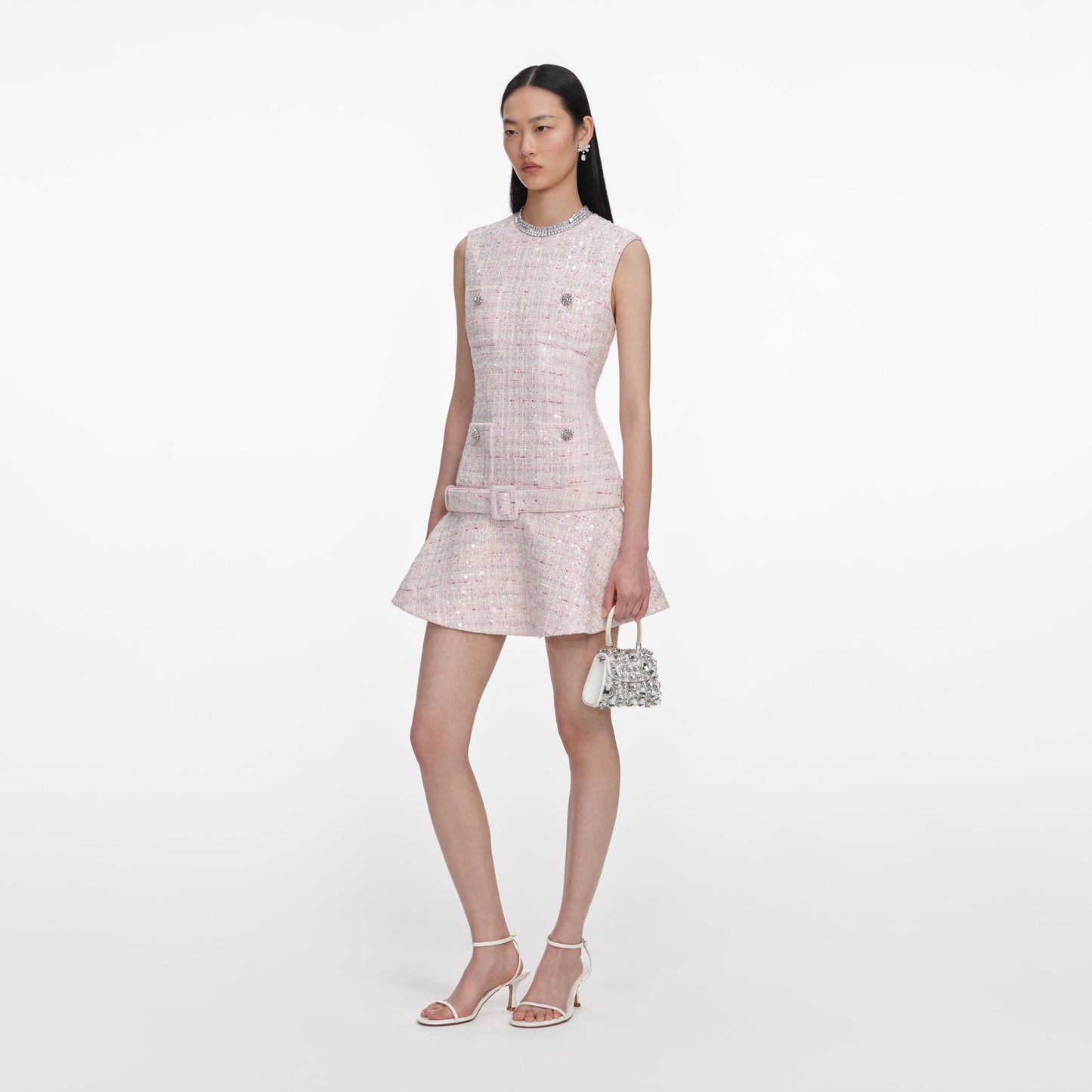 Load image into Gallery viewer, Pink Sequin Boucle Belted Mini Dress
