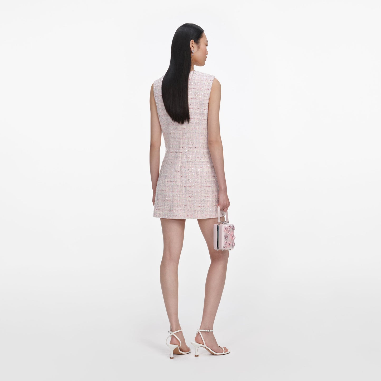 Load image into Gallery viewer, Pink Sequin Boucle Bow Mini Dress

