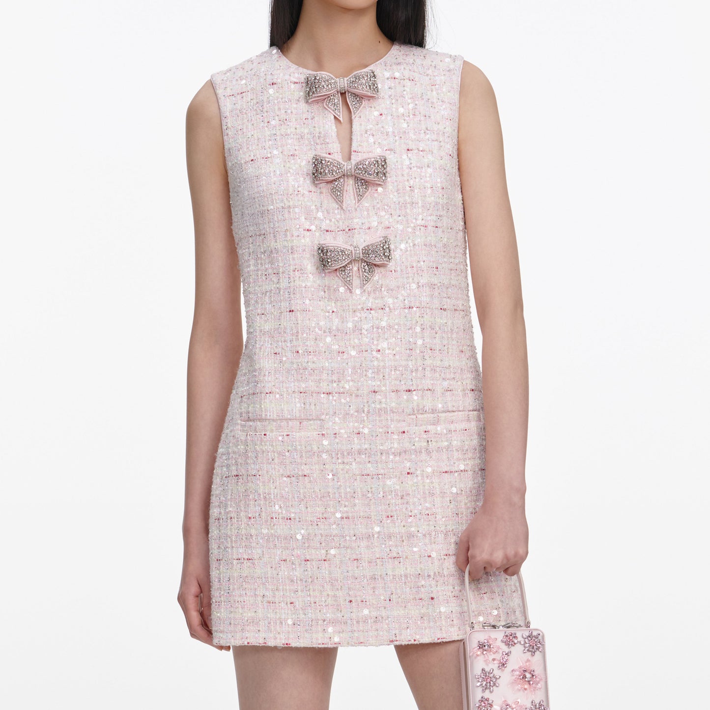 Load image into Gallery viewer, Pink Sequin Boucle Bow Mini Dress

