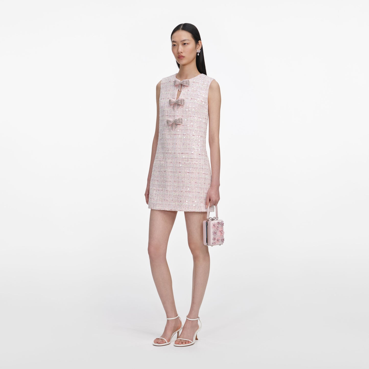 Load image into Gallery viewer, Pink Sequin Boucle Bow Mini Dress
