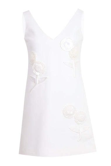 White Crepe Embellished Flower Mini Dress