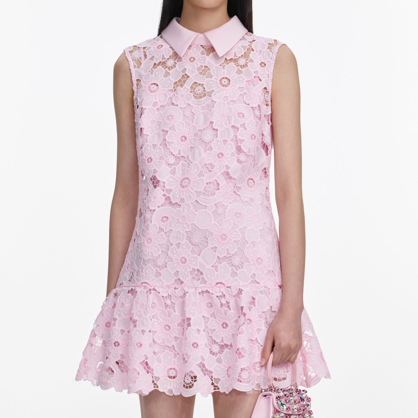 Load image into Gallery viewer, Pink Lace Collared Mini Dress
