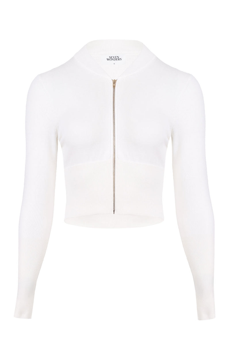 Monisha Crop Zip Up Knit Cardigan Cream