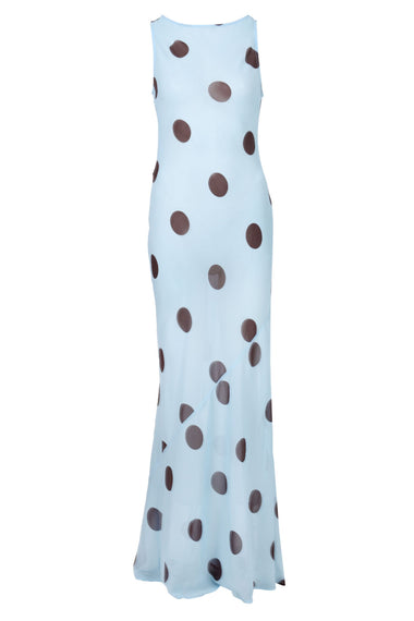 Tera High Neck Maxi Dress Sky Blue/Choc Polka