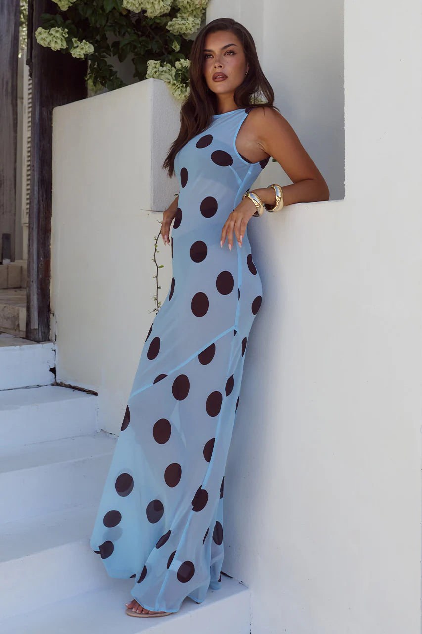Load image into Gallery viewer, Tera High Neck Maxi Dress Sky Blue/Choc Polka
