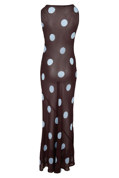 Tera High Neck Maxi Dress Choc/Sky Blue Polka