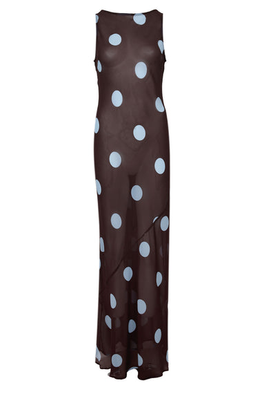 Tera High Neck Maxi Dress Choc/Sky Blue Polka