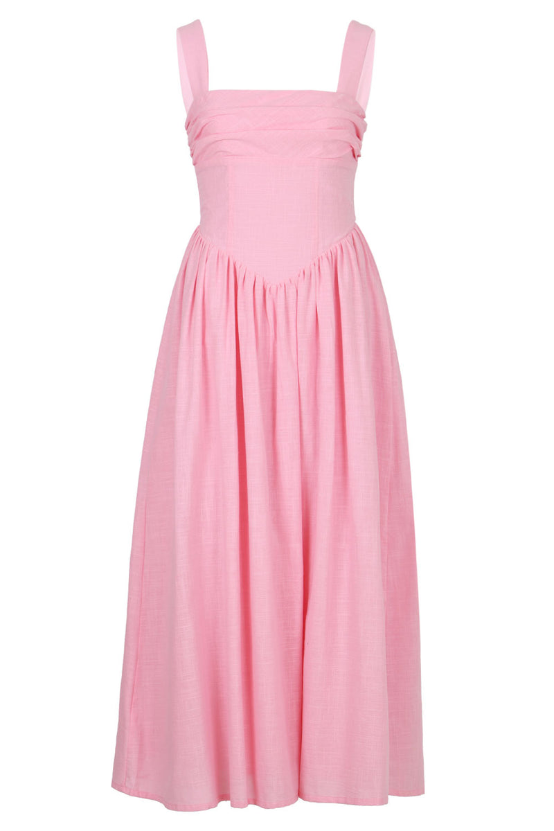 Kiyo Square Neck Tie Midi Dress Pink