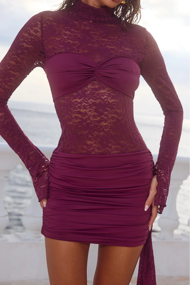 Larna Lace Sleeved Mini Dress Wine