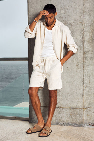 Tristian Drawstring Short Sand/White Stripe