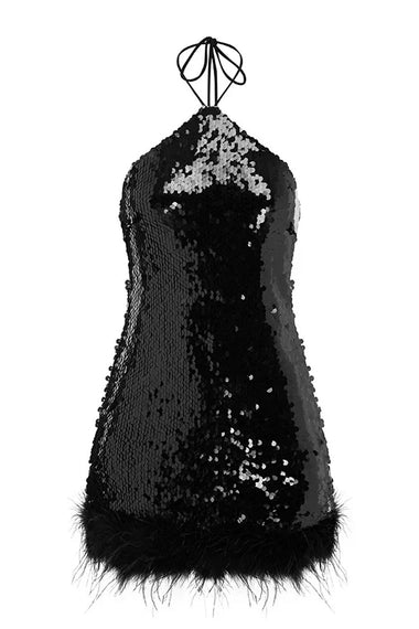 Nicola Faux Fur Hem Mini Dress Black