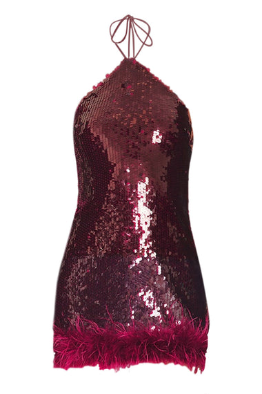 Nicola Faux Fur Hem Mini Dress Cherry