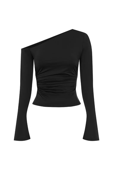 Renzo One Shoulder Long Sleeve Top Black