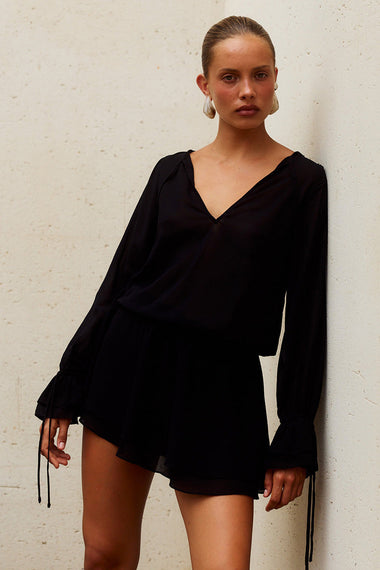 Samantha Ruffle  V Neck Mini Dress Black