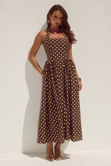 Sammi Halter Midi Dress Choc/Lemon Polka