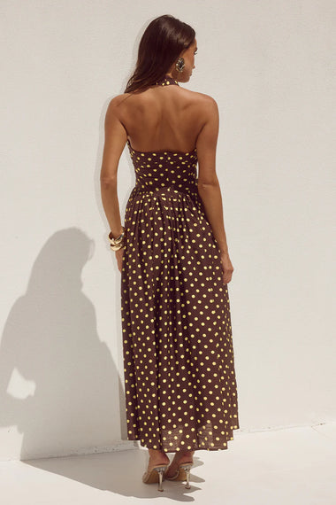 Sammi Halter Midi Dress Choc/Lemon Polka