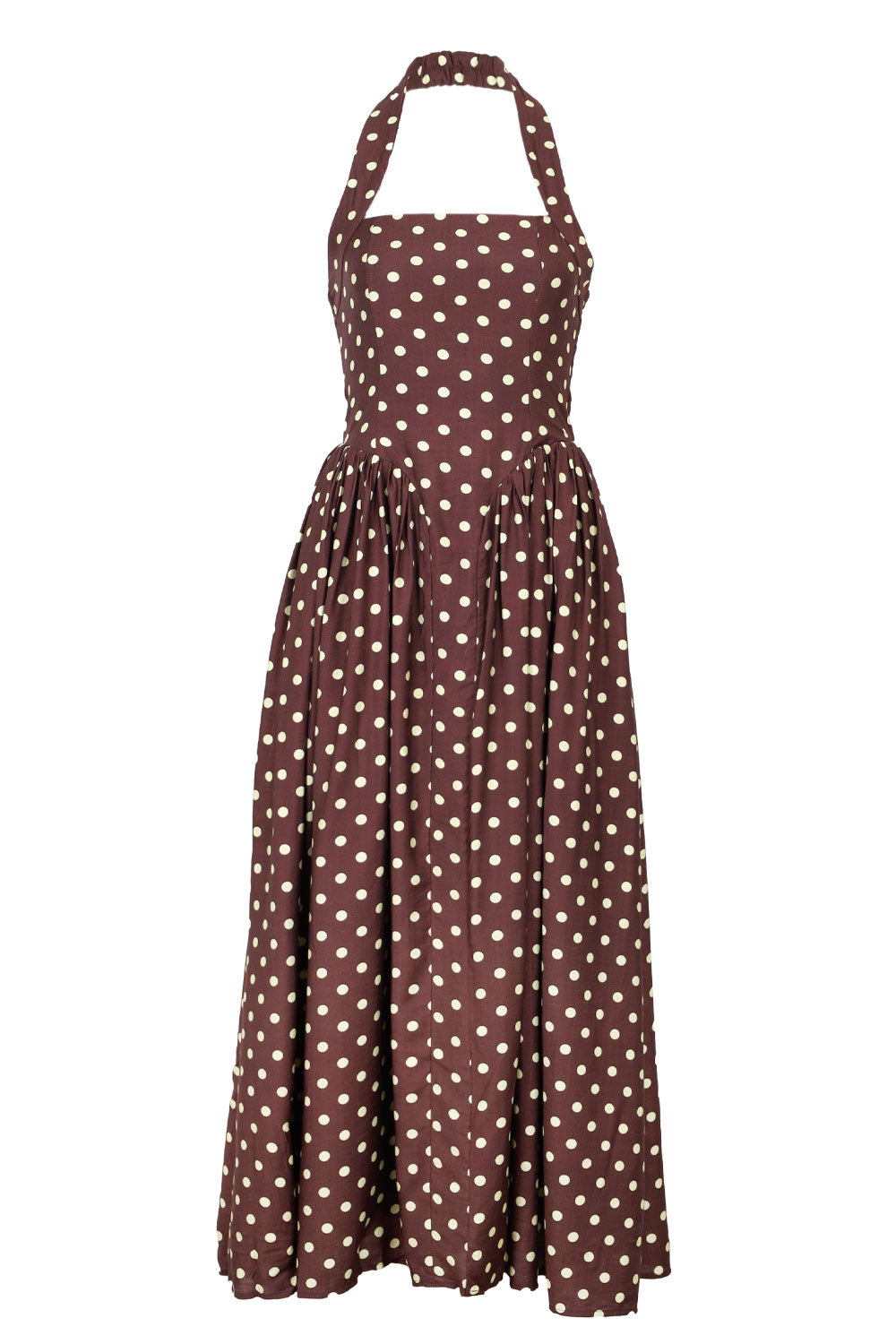 Load image into Gallery viewer, Sammi Halter Midi Dress Choc/Lemon Polka
