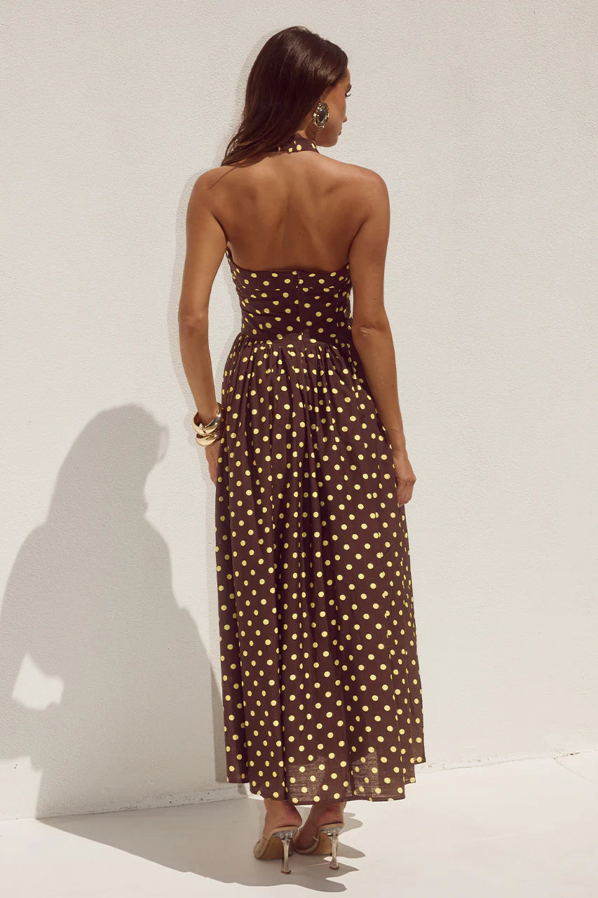Load image into Gallery viewer, Sammi Halter Midi Dress Choc/Lemon Polka
