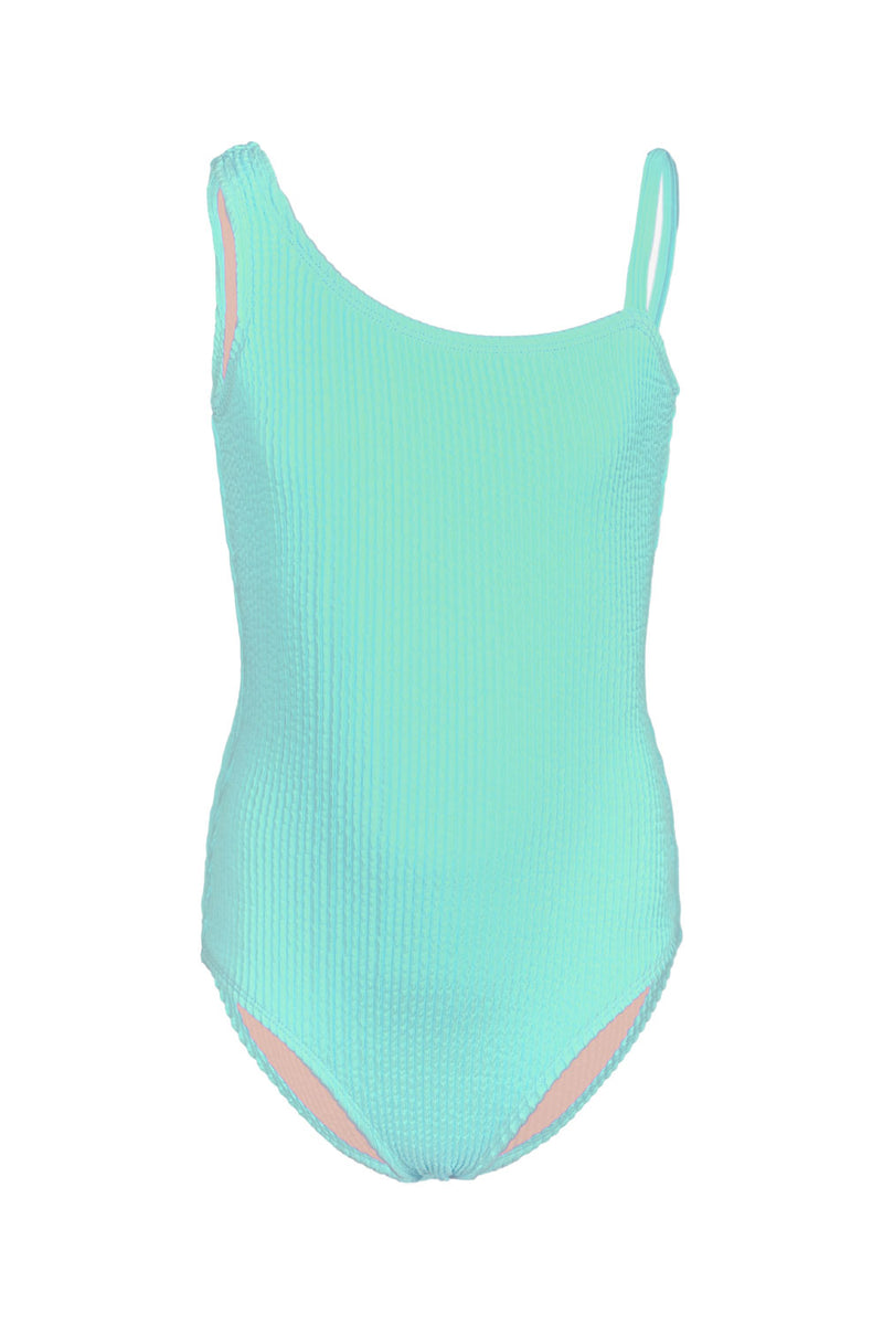 Crinkle Girls One Shoulder One Piece Green Swimsuit