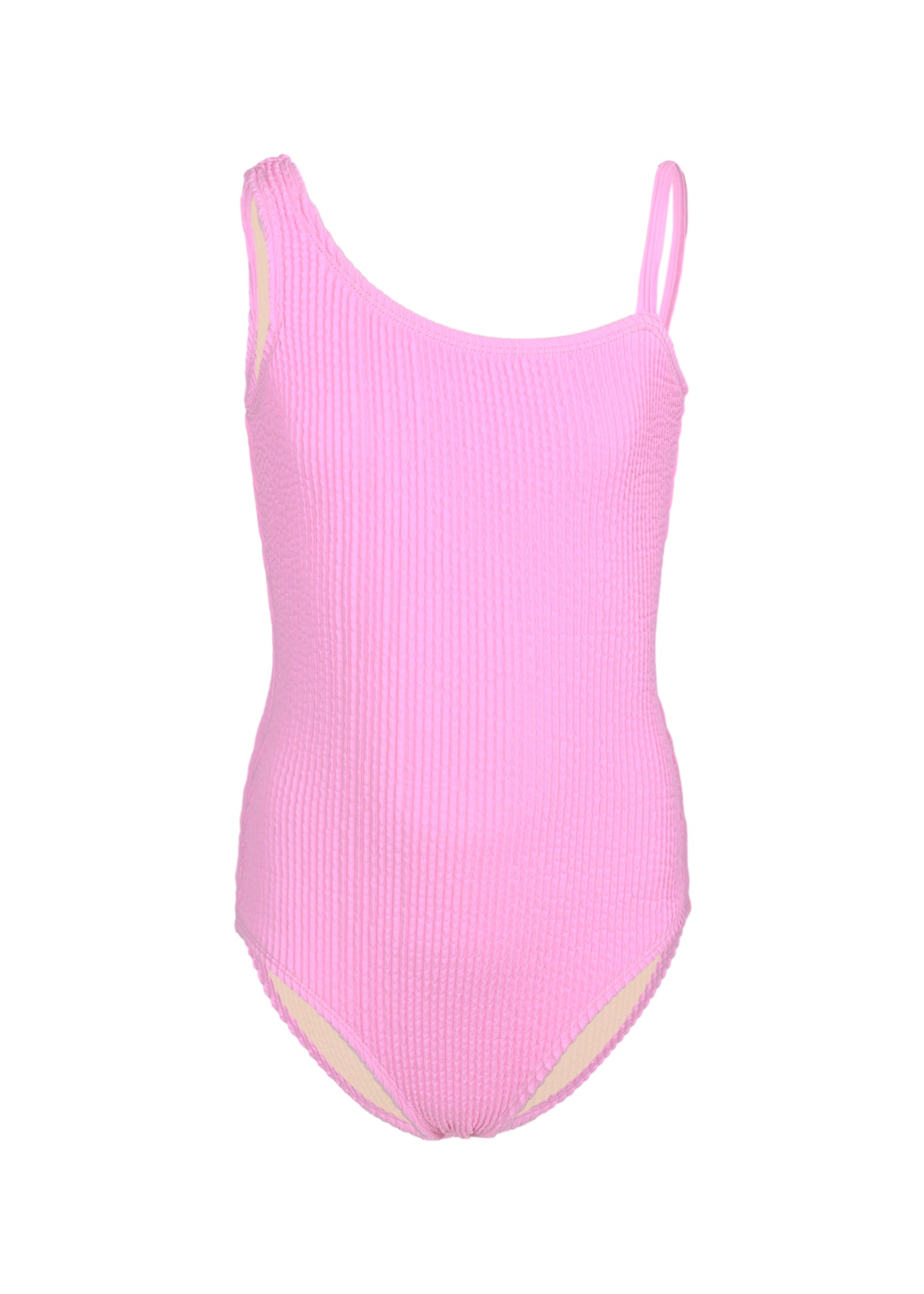 Girls Crinkle Textured One Shoulder One Piece Pink Swimsuit - One Piece