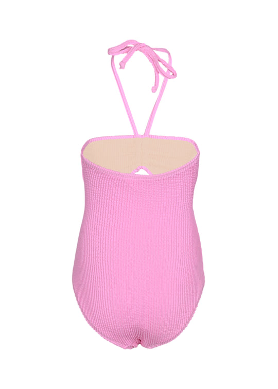 Girls Crinkle Textured Halter Cut Out One Piece Pink Swimsuit - One Piece