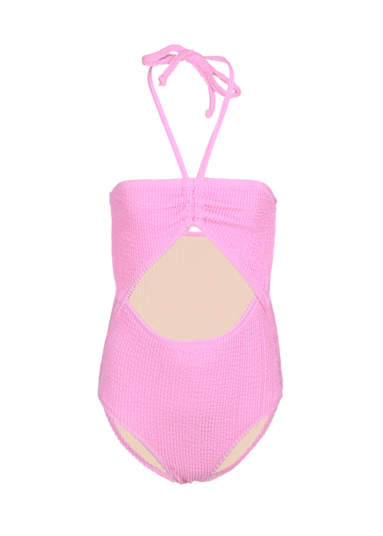 Girls Crinkle Textured Halter Cut Out One Piece Pink Swimsuit - One Piece