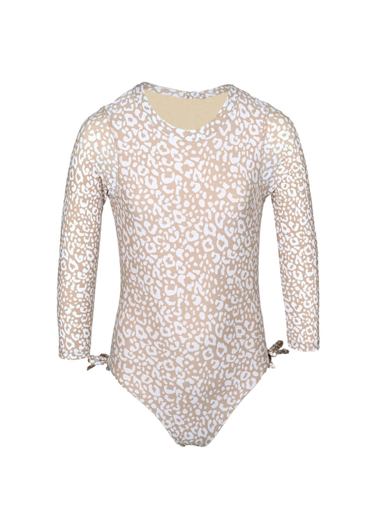 Ditsy Leopard Girls Long Sleeve One Piece & Tutu Swim Set - Bikini