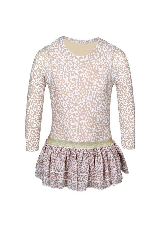 Ditsy Leopard Girls Long Sleeve One Piece & Tutu Swim Set - Bikini