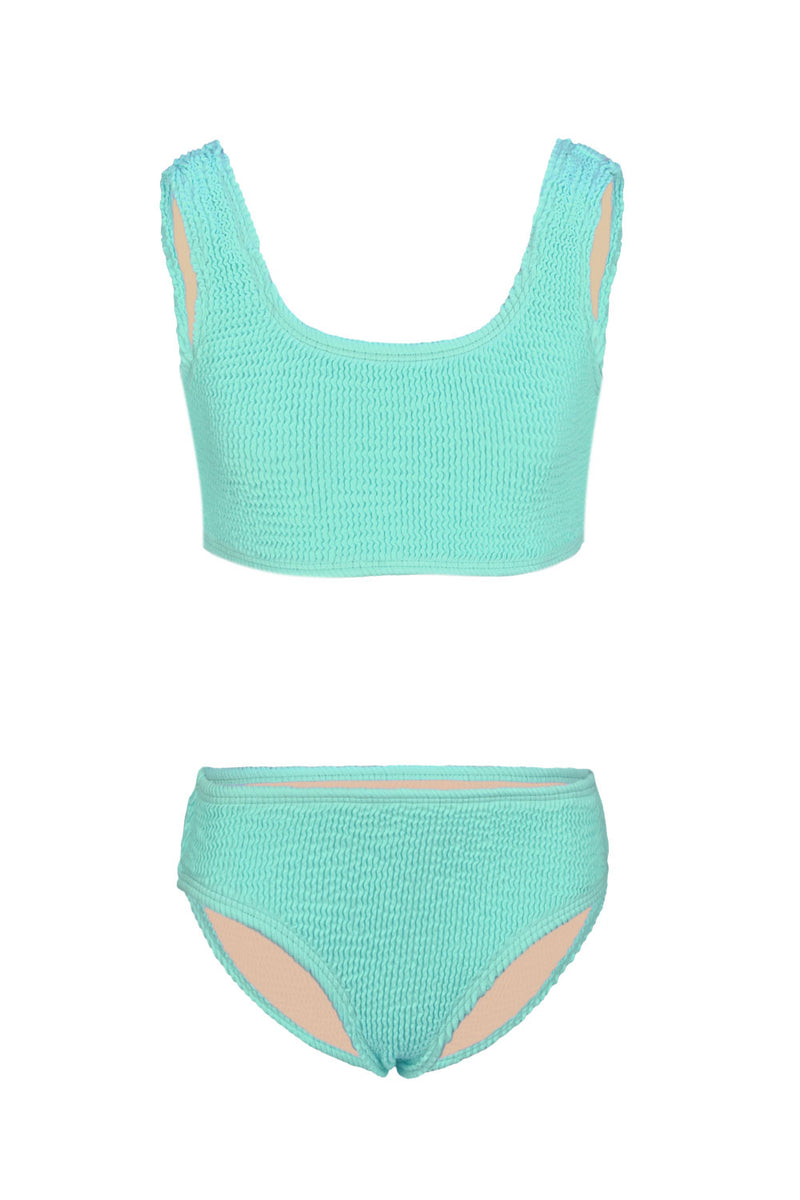 Girls Crinkle Textured Green Bikini