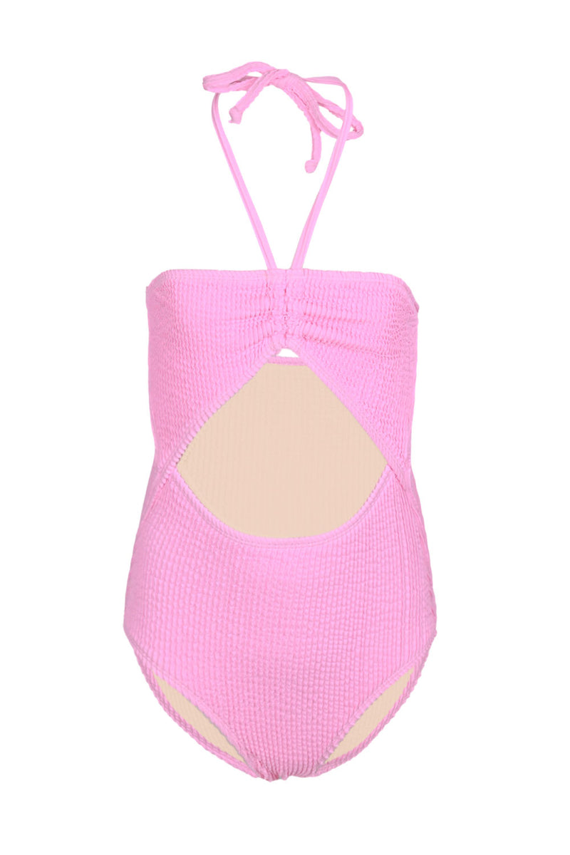 Girls Crinkle Textured Halter Cut Out One Piece Pink Swimsuit
