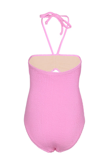 Girls Crinkle Textured Halter Cut Out One Piece Pink Swimsuit