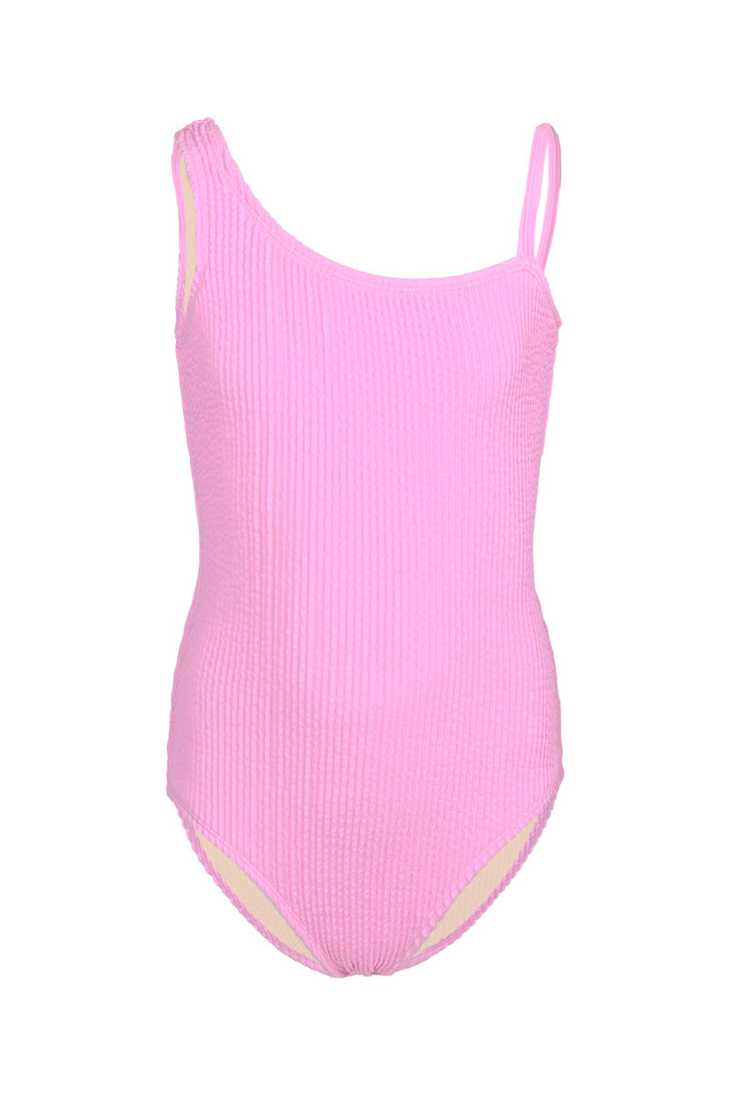 Girls Crinkle Textured One Shoulder One Piece Pink Swimsuit
