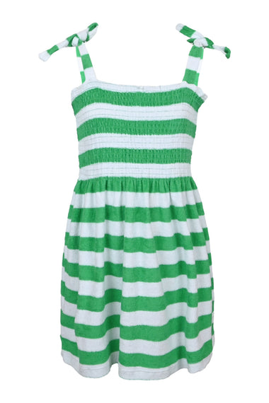 Green Stripe Girls Terry Smocked Tie Top Dress