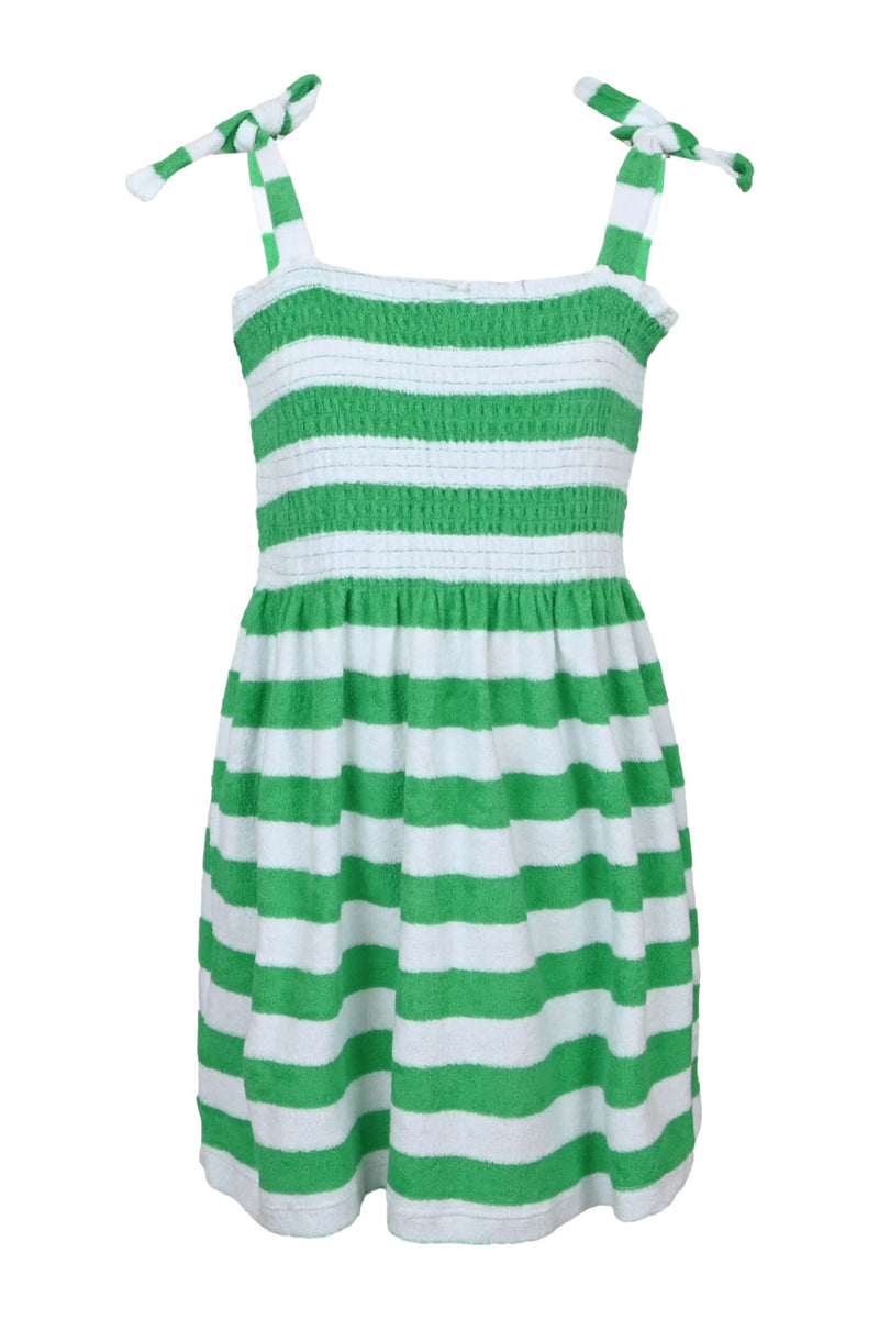 Green Stripe Girls Terry Smocked Tie Top Dress