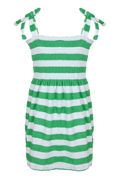 Green Stripe Girls Terry Smocked Tie Top Dress