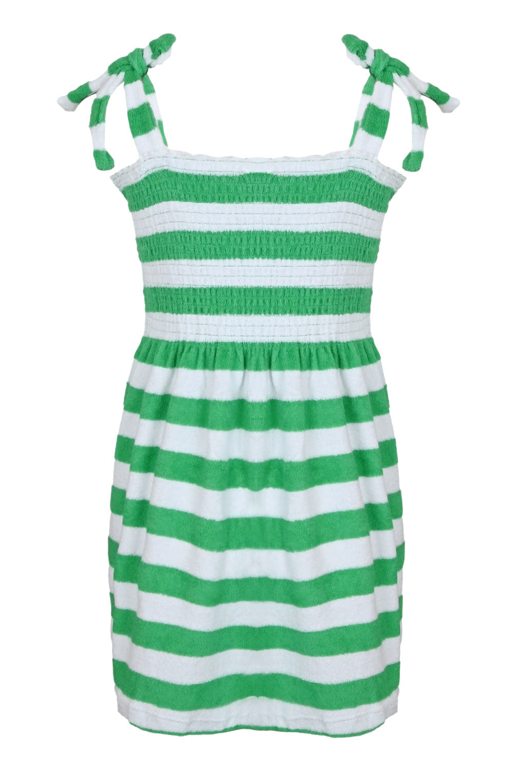 Load image into Gallery viewer, Green Stripe Girls Terry Smocked Tie Top Dress
