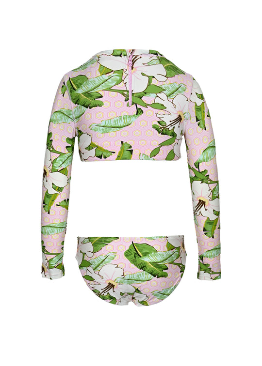 Hibiscus Botanical Pink Girls Cropped Rashguard Swimsuit Set - Bikini