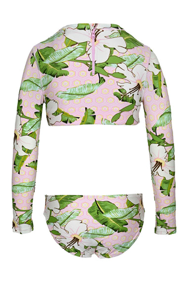 Hibiscus Botanical Pink Girls Cropped Rashguard Swimsuit Set