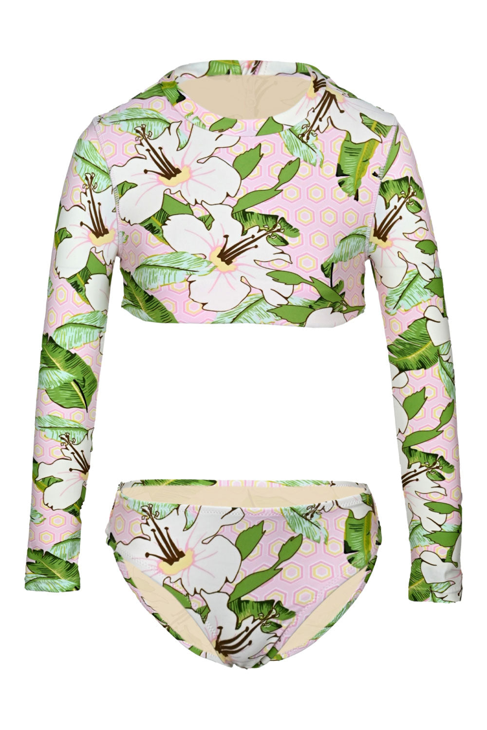 Hibiscus Botanical Pink Girls Cropped Rashguard Swimsuit Set
