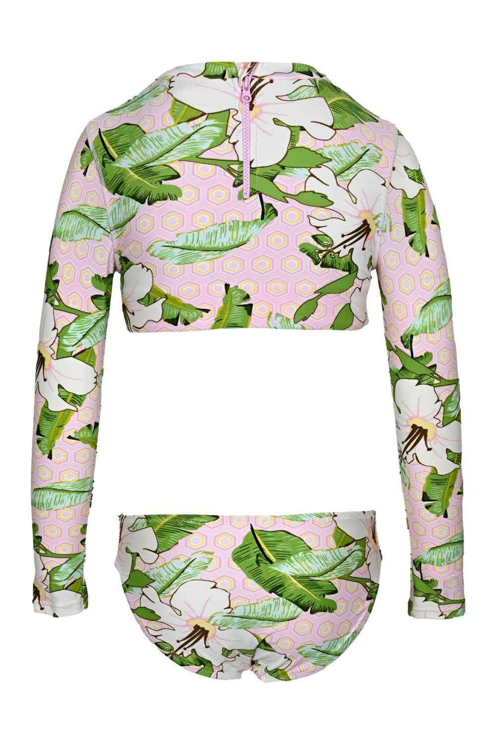 Hibiscus Botanical Pink Girls Cropped Rashguard Swimsuit Set