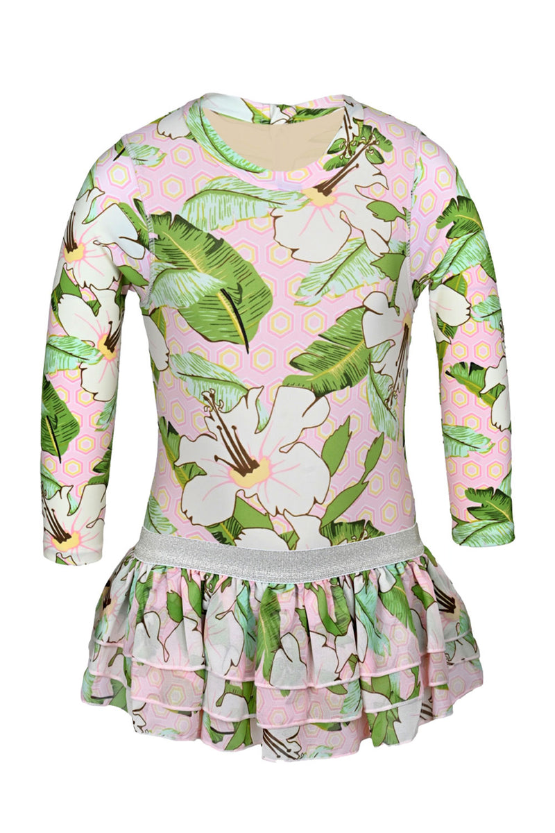 Hibiscus Botanical Pink Girls Long Sleeve One Piece & Tutu Swimsuit Set